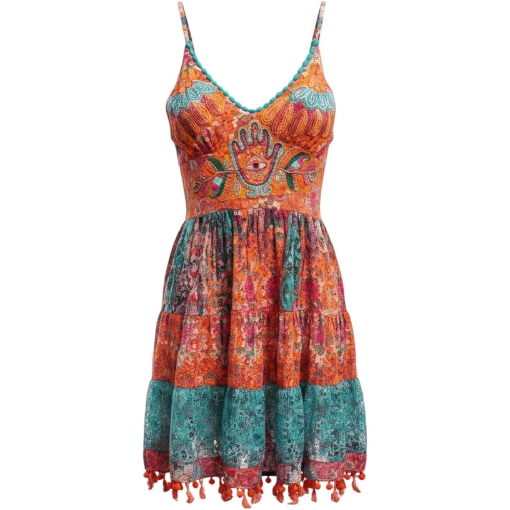 Antica Sartoria Giacomo Cinque Beaded Hamsa Lace Mini Dress Orange Teal OS NWT